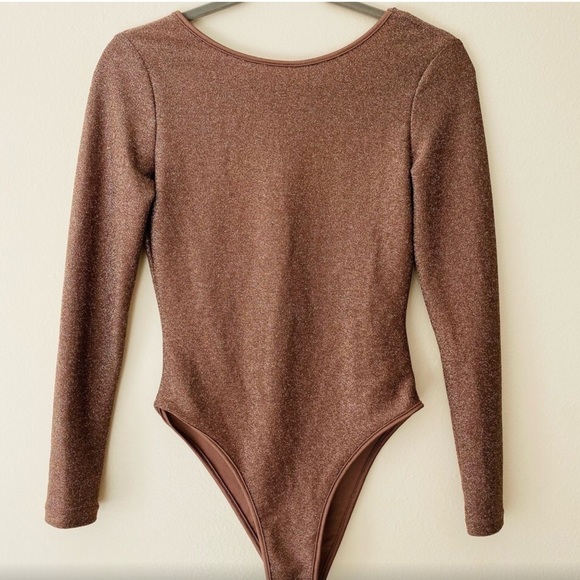 Shein METALLIC bronze STRETCH BODYSUIT open back BLOUSE SHIRT - Picture 8 of 15